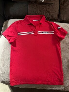 Moncler Red Polo with White and Black Stripe